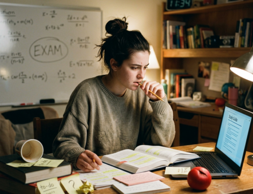 Student studying for exam with books, notes, and laptop
