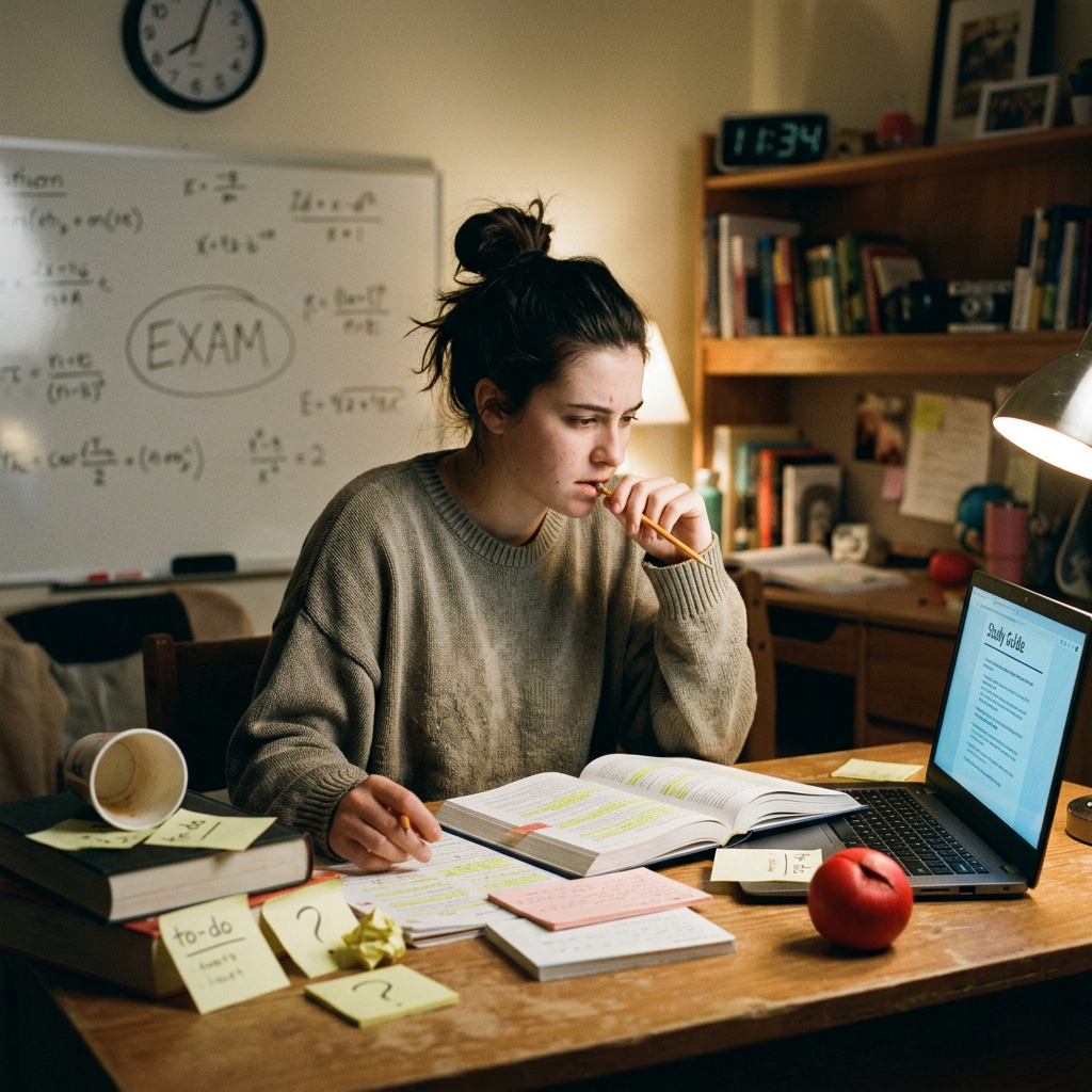 Student studying for exam with books, notes, and laptop