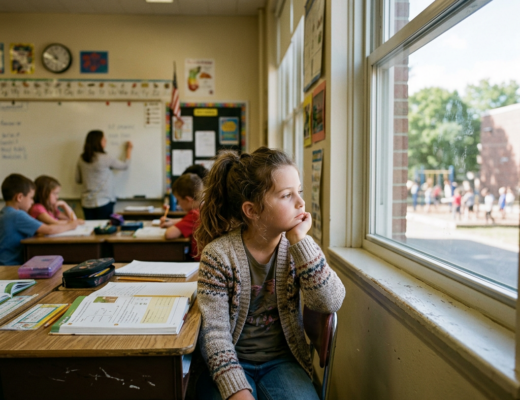 Girl gazing out classroom window while other students work and teacher writes on board