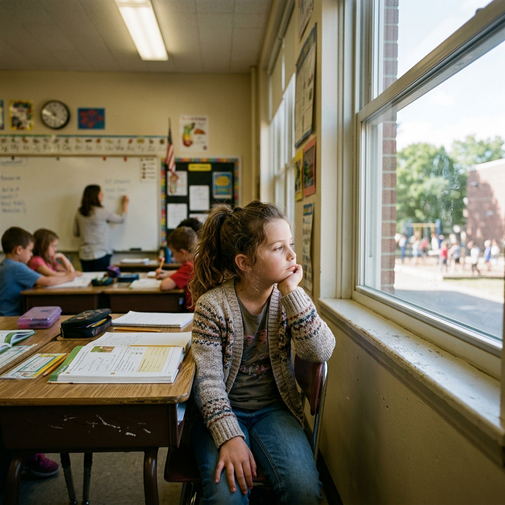 Girl gazing out classroom window while other students work and teacher writes on board