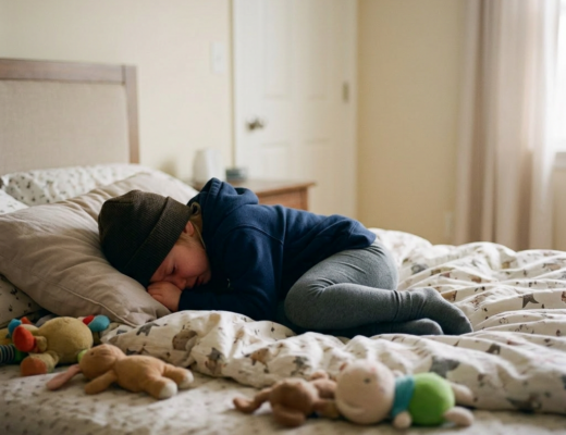 Child curled up on floor in classroom corner apart from group of children and teacher at table