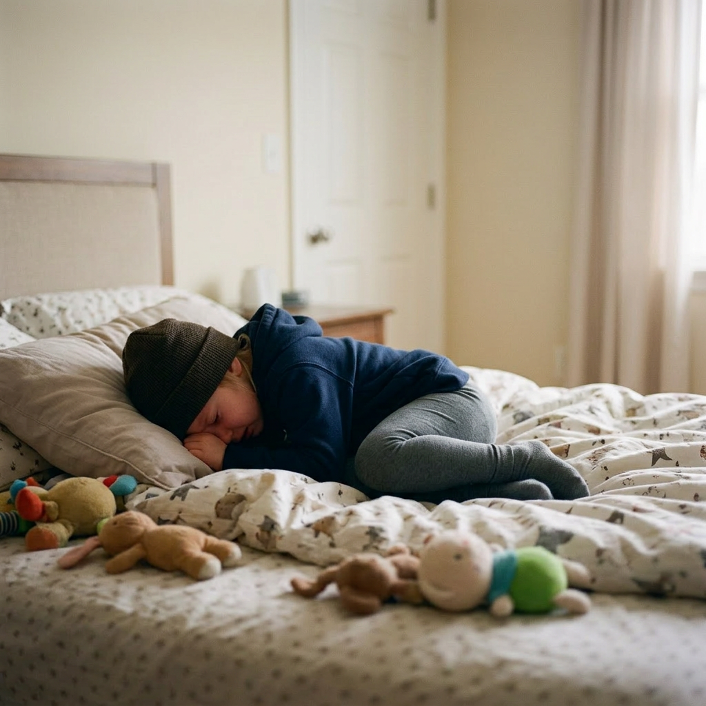 Child curled up on floor in classroom corner apart from group of children and teacher at table
