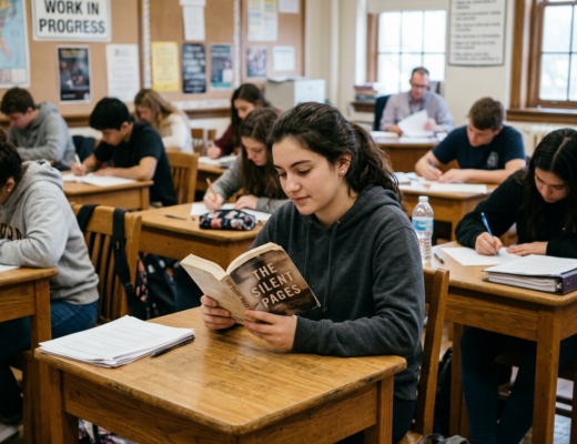 Student reading book in class, finished early