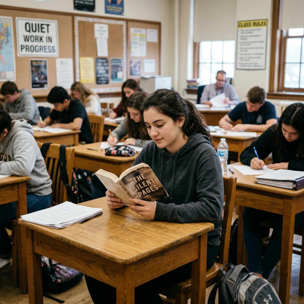 Student reading book in class, finished early