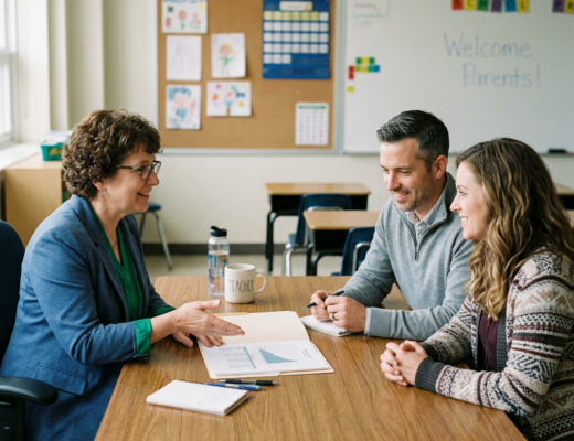 Teacher explaining student progress chart to two parents in classroom
