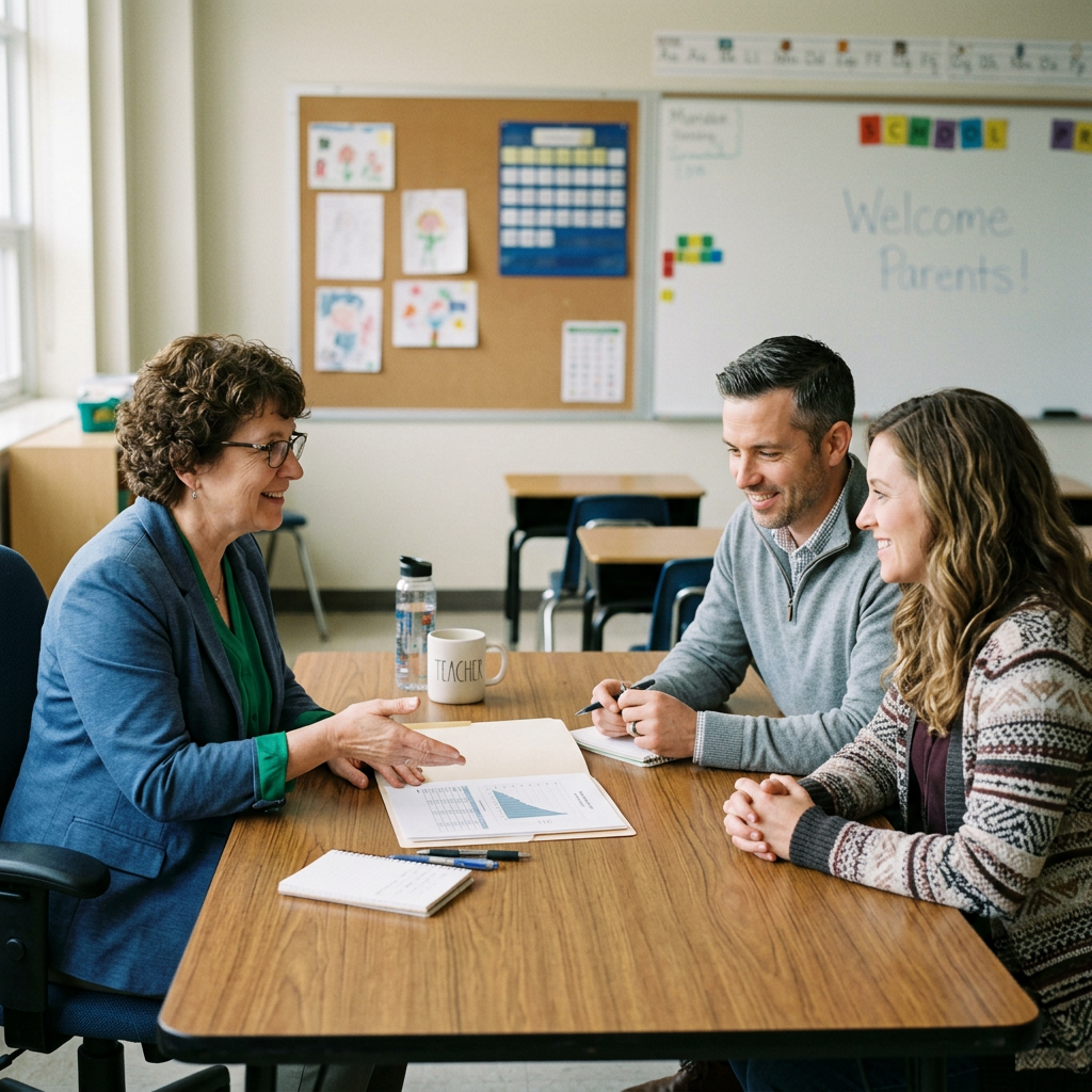 Teacher explaining student progress chart to two parents in classroom