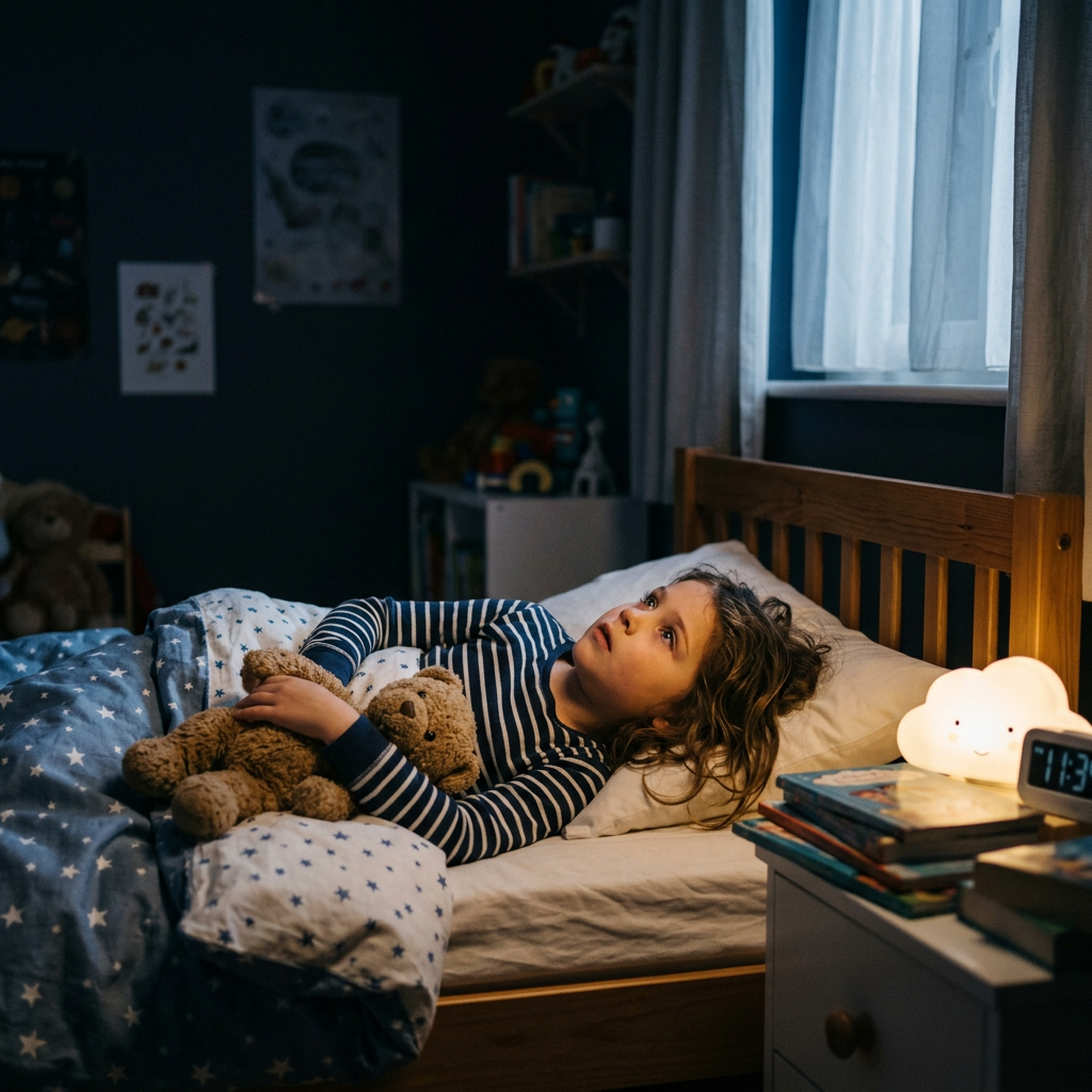 Child lying in bed hugging a teddy bear with a nightlight and clock nearby